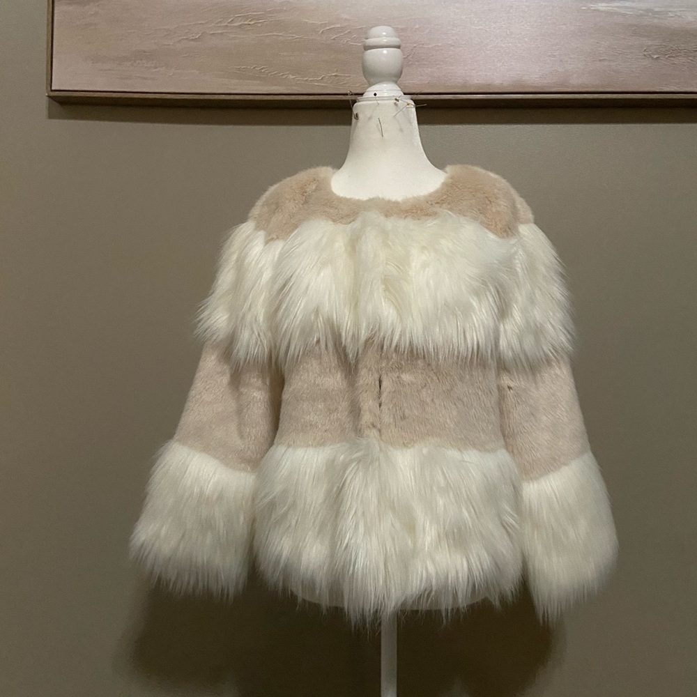 Pink and white faux fur coat